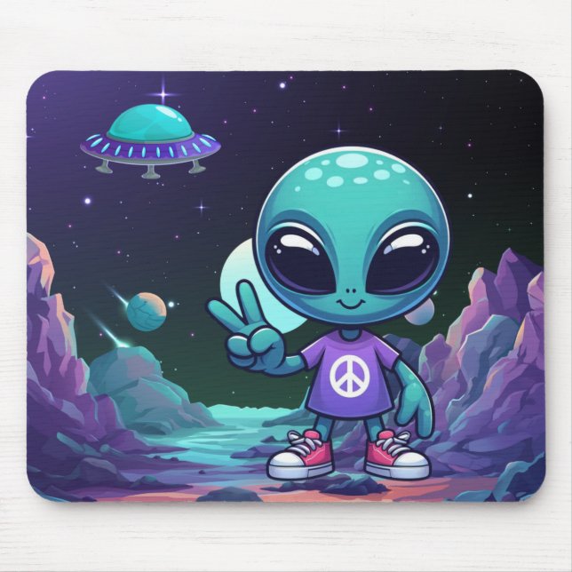 Tapis De Souris Alien de paix mignon et vaisseau spatial (Devant)