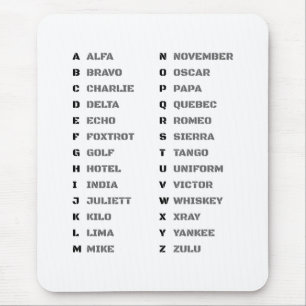 Tapis De Souris Alphabet phonétique pour l'armée ALFA-ZULU