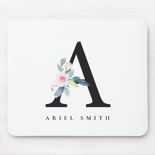 TAPIS DE SOURIS ALPHABÈTES FLORAUX BLEUS DOUX NOM LETTRE A (Devant)