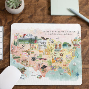 Tapis De Souris Amérique   Carte de l'aquarelle illustrée USA