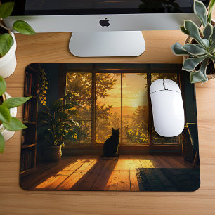 Tapis De Souris Amoureux de Chats Noirs Cosy Art Lofi