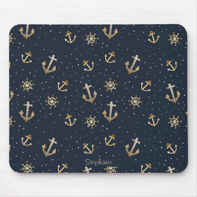 Tapis De Souris Ancre d'or nautique et Motif Helm sur bleu (Devant)