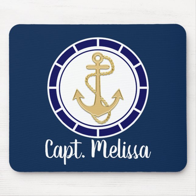 Tapis De Souris Ancre dorée centrale Marine Bleu Nautique (Devant)