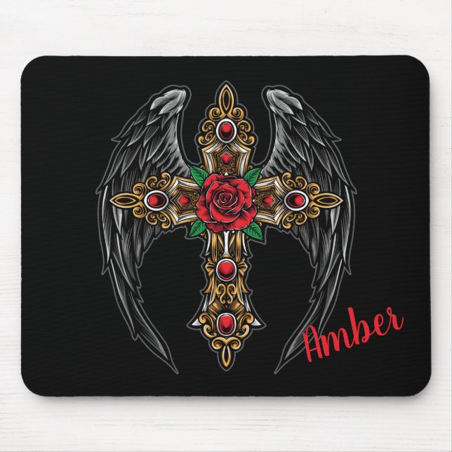 Tapis De Souris Ange Ailes, Croix et Roses (Devant)