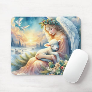 Tapis De Souris Ange de Noël avec agneau en paix en hiver