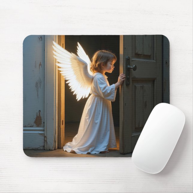 Tapis De Souris Angel Enfant Peering autour d'une vieille porte (Avec souris)