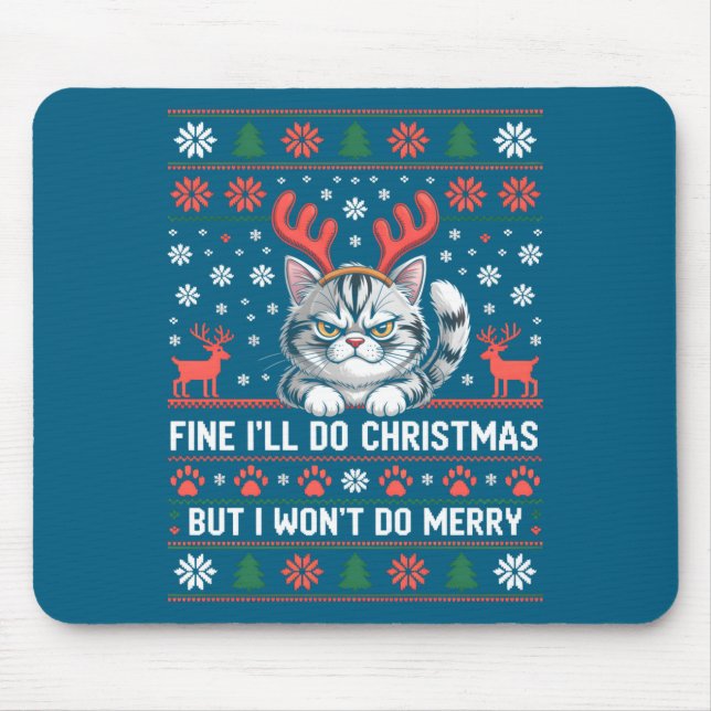Tapis De Souris Angry Antler Cat Funny Xmas Ugly Sweater Long Slee (Devant)