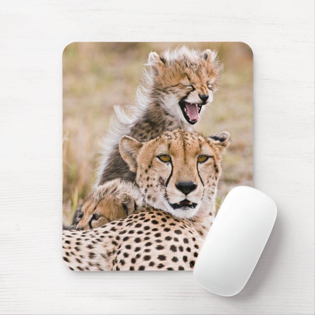 Tapis De Souris Animaux de bébés cutest | Cheetah Cat & Cub (Avec souris)