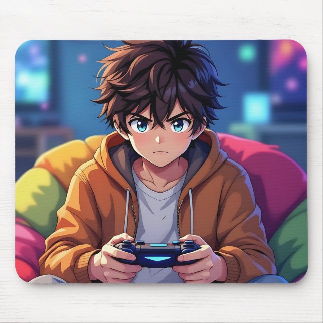 Tapis De Souris Anime Boy jouant jeu vidéo (Devant)