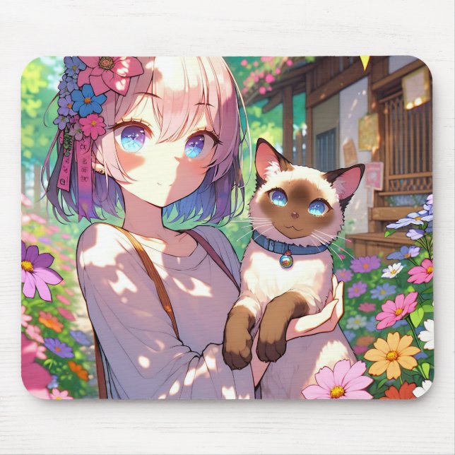 Tapis De Souris Anime Girl et chat siamois (Devant)