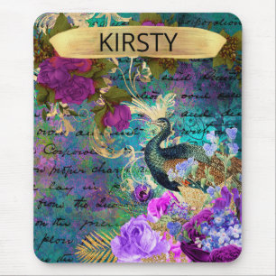 Tapis De Souris Antique Paon et Fleurs Illustrés Grunge