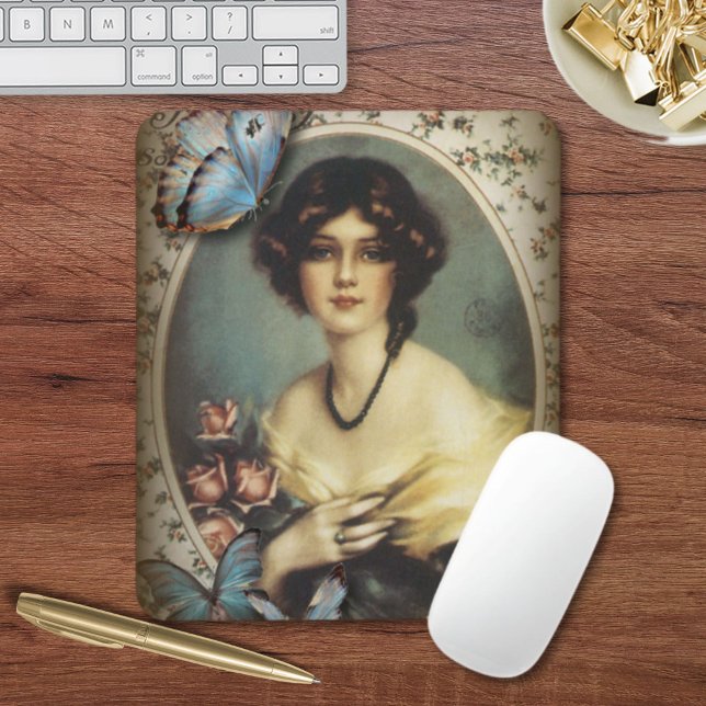 Tapis De Souris Antique papillon Floral parisien fille victorienne (Antique Floral butterfly parisian girl victorian Mouse Pad)