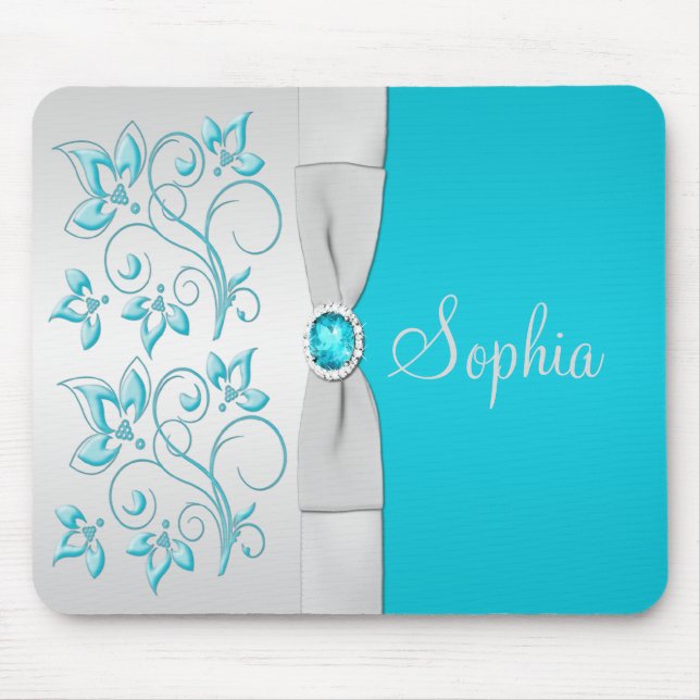 Tapis De Souris Aqua et Mousepad floral argenté (Devant)