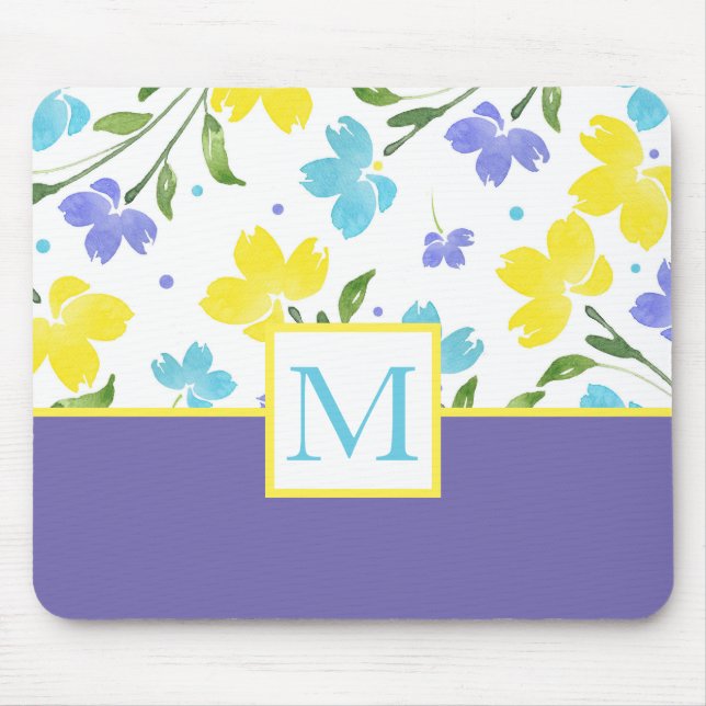 Tapis De Souris Aqua Periwinkle Yellow Aquarelle tiges (Devant)