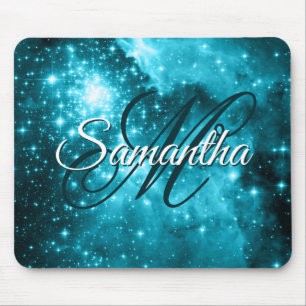Tapis De Souris Aqua Turquoise Étoiles Étincelantes Monogramme Cél