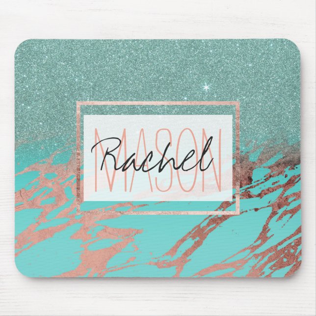 Tapis De Souris Aqua Turquoise Rose Gold Parties scintillant Marbr (Devant)
