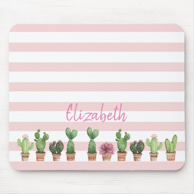 Tapis De Souris Aquarelle adorable Cactus, Bandes roses (Devant)