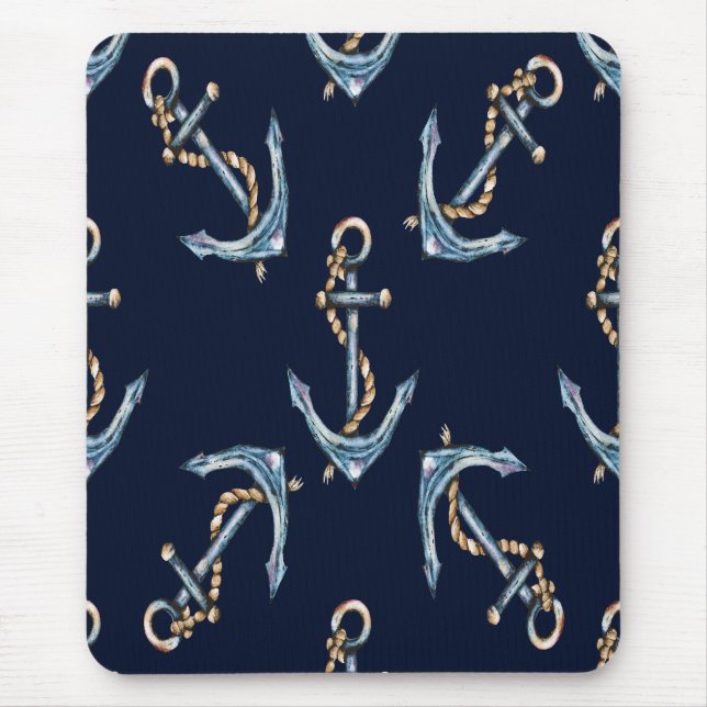 Tapis De Souris Aquarelle Ancres Bleu marine (Devant)