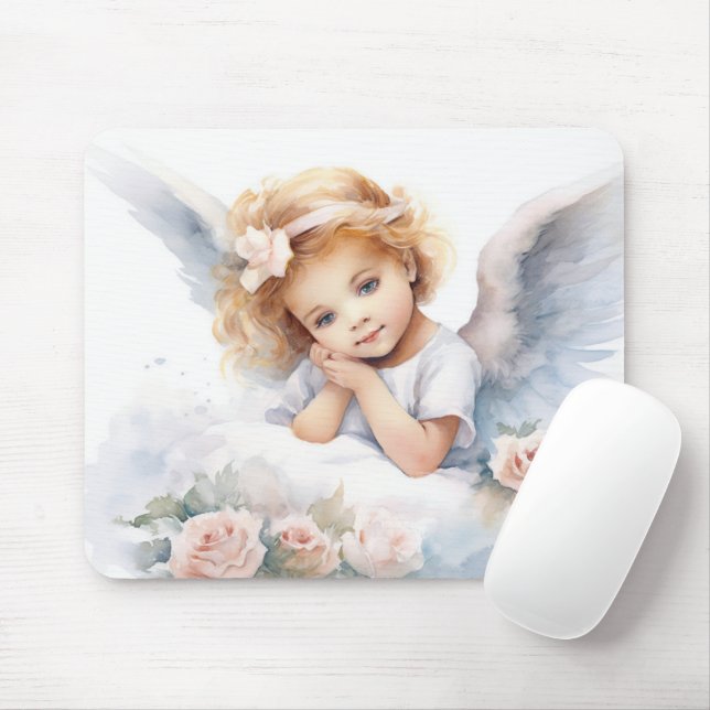 Tapis De Souris Aquarelle Angel fille avec Rose (Avec souris)