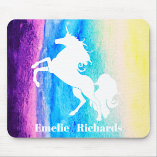 Tapis De Souris Aquarelle arc-en-ciel et silhouette de licorne bla