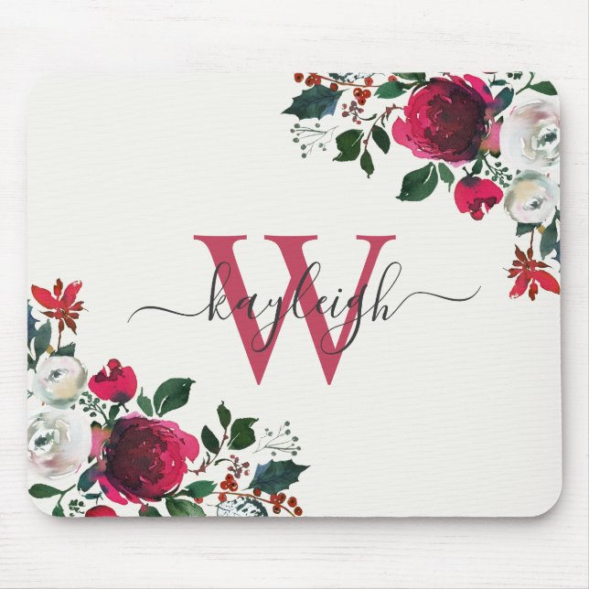 Tapis De Souris Aquarelle blanche de Bourgogne Nom floral Monogram (Devant)