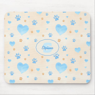 Tapis De Souris Aquarelle Bleu Coeurs et Empreintes de pattes Moti