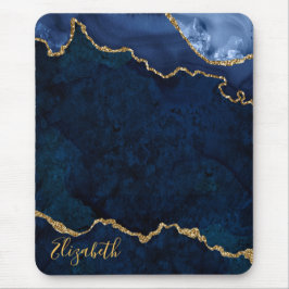 Tapis De Souris Aquarelle Bleu Marbre Or Géode Agate