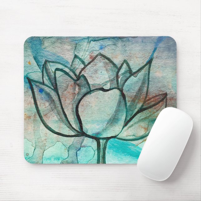 Tapis De Souris Aquarelle bleu turquoise Fleur élégant Artsy Lotus (Avec souris)