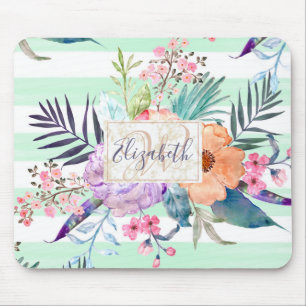 Tapis De Souris Aquarelle Boho floral, feuille, rayures peinture 