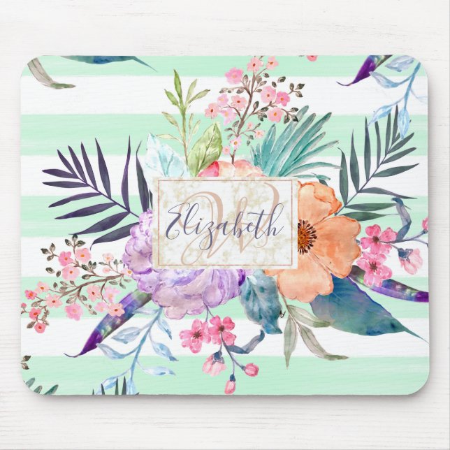 Tapis De Souris Aquarelle Boho floral, feuille, rayures peinture à (Devant)