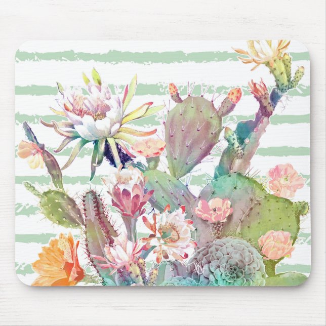 Tapis De Souris Aquarelle Cactus Floral Stripes Design (Devant)