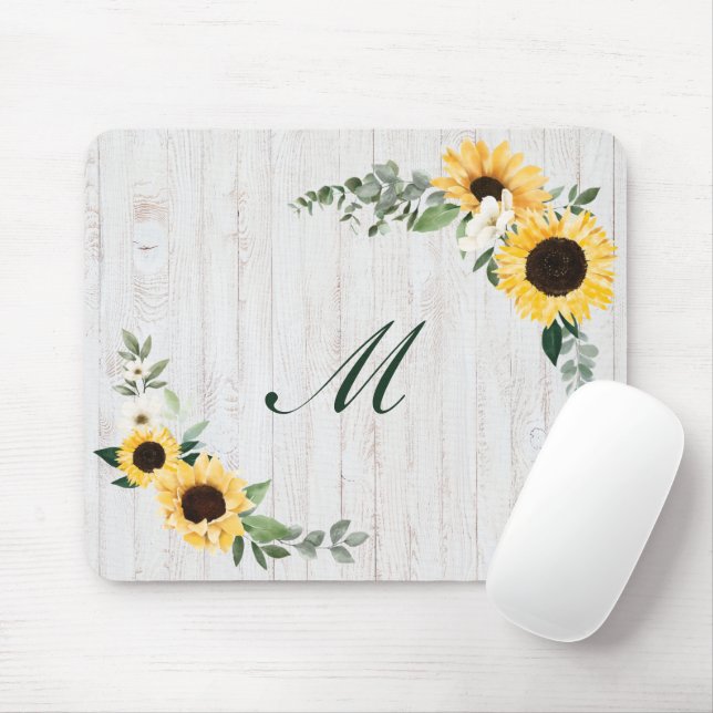 Tapis De Souris Aquarelle Chic Sunflower Wreath Whitewood Initial (Avec souris)