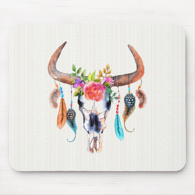 Tapis De Souris Aquarelle colorée Crâne de bison avec cornes (Devant)