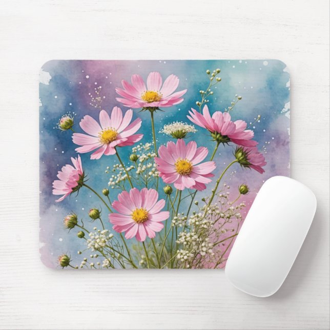 Tapis De Souris Aquarelle Cosmos rose (Avec souris)