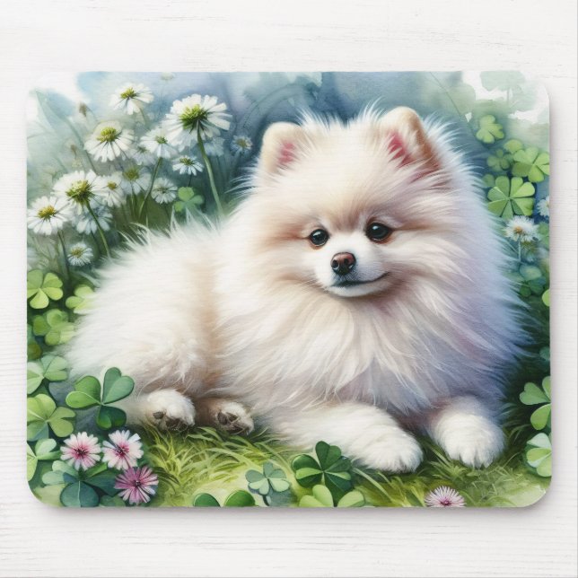 Tapis De Souris Aquarelle de chien de Poméranie blanche Champ de f (Devant)