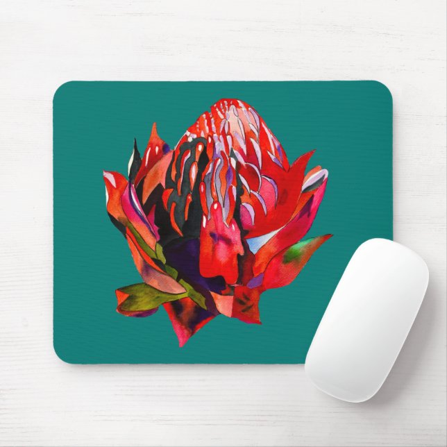Tapis De Souris Aquarelle de fleurs indigènes de Waratah (Avec souris)