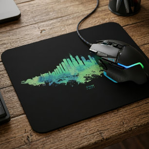 Tapis De Souris Aquarelle de la skyline de Chicago Bleu Vert Art d