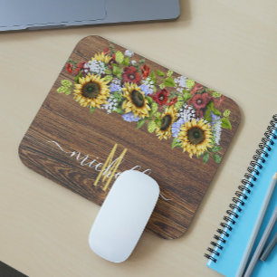 Tapis De Souris Aquarelle de tournesol en bois rustique personnali