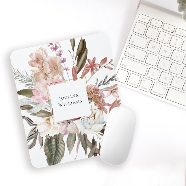 Tapis De Souris Aquarelle féminine rustique Fleurs sauvages Floral (Personalize with your name for a beautifully feminine mouse pad.)