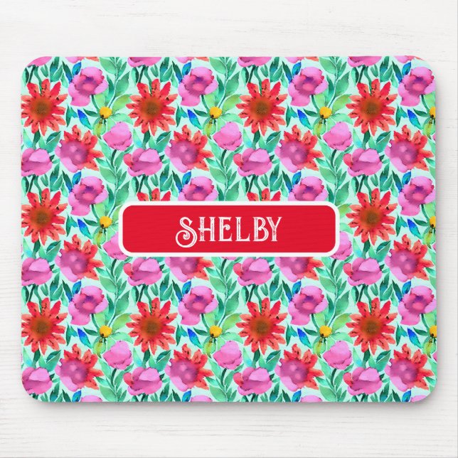 Tapis De Souris Aquarelle Fleurs en Turquoise, rouge et rose (Devant)