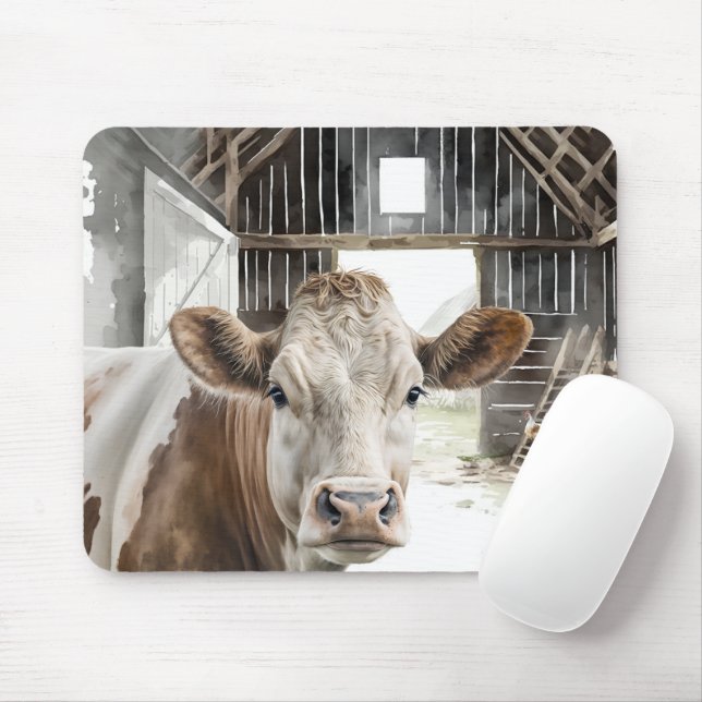 Tapis De Souris Aquarelle Hereford Vache dans la grange (Avec souris)