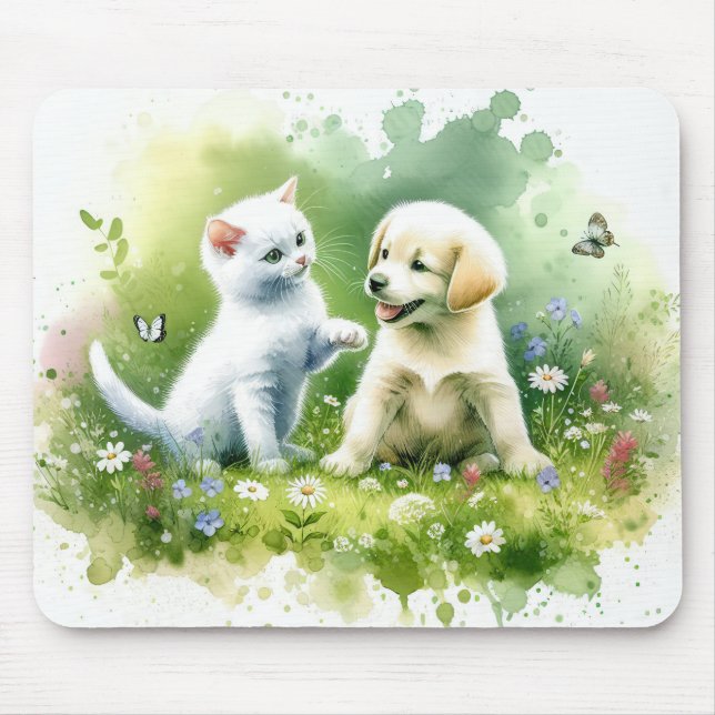 Tapis De Souris Aquarelle Kitten et Chiot (Devant)