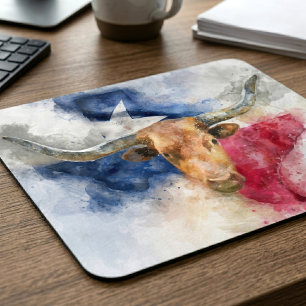 Tapis De Souris Aquarelle Longhorn du Texas avec carte du drapeau 