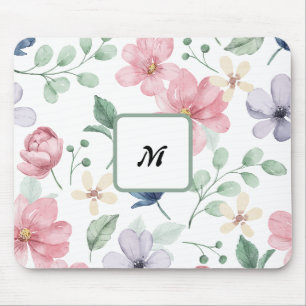 Tapis De Souris Aquarelle moderne Fleurs roses Souris monogramme