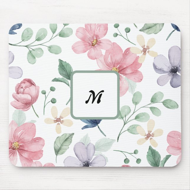 Tapis De Souris Aquarelle moderne Fleurs roses Souris monogramme (Devant)