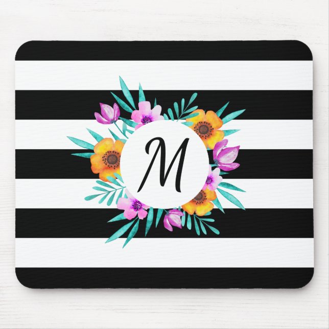 Tapis De Souris Aquarelle moderne Floral Bandes noires Monogramme (Devant)