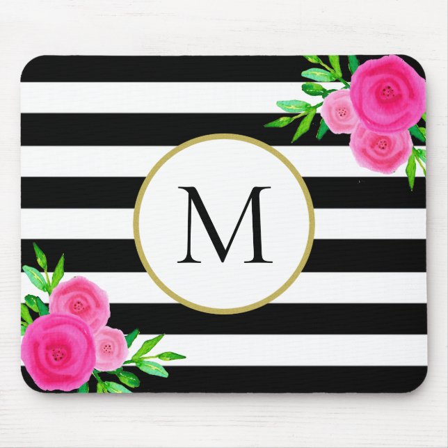 Tapis De Souris Aquarelle noire blanche rayée Monogramme floral (Devant)