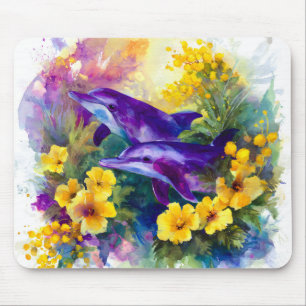 Tapis De Souris Aquarelle Océan Dauphins Fleurs Tropicales