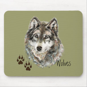 Tapis De Souris Aquarelle originale Loup gris - Traces animal