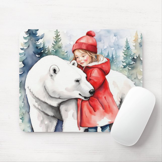 Tapis De Souris Aquarelle Ours Polaire Avec Fille (Avec souris)